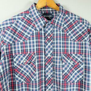 Vintage Wrangler Western Shirt Men XL Red Pearl Snap Button Plaid Long Sleeve